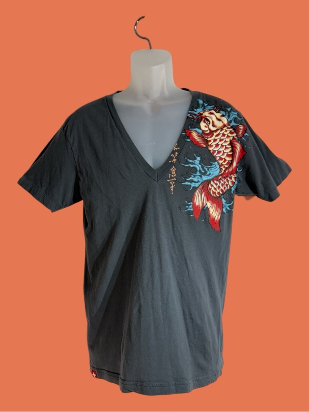 Andrew Christian V Neck Japanese Koi Fish Graphic Tee Gray 100% Cotton Medium